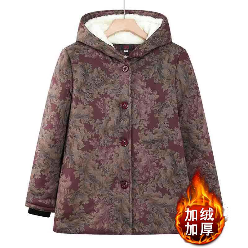 官方正品中老年女装冬季宽松大码棉衣妈妈款冬装加绒加厚保暖连帽
