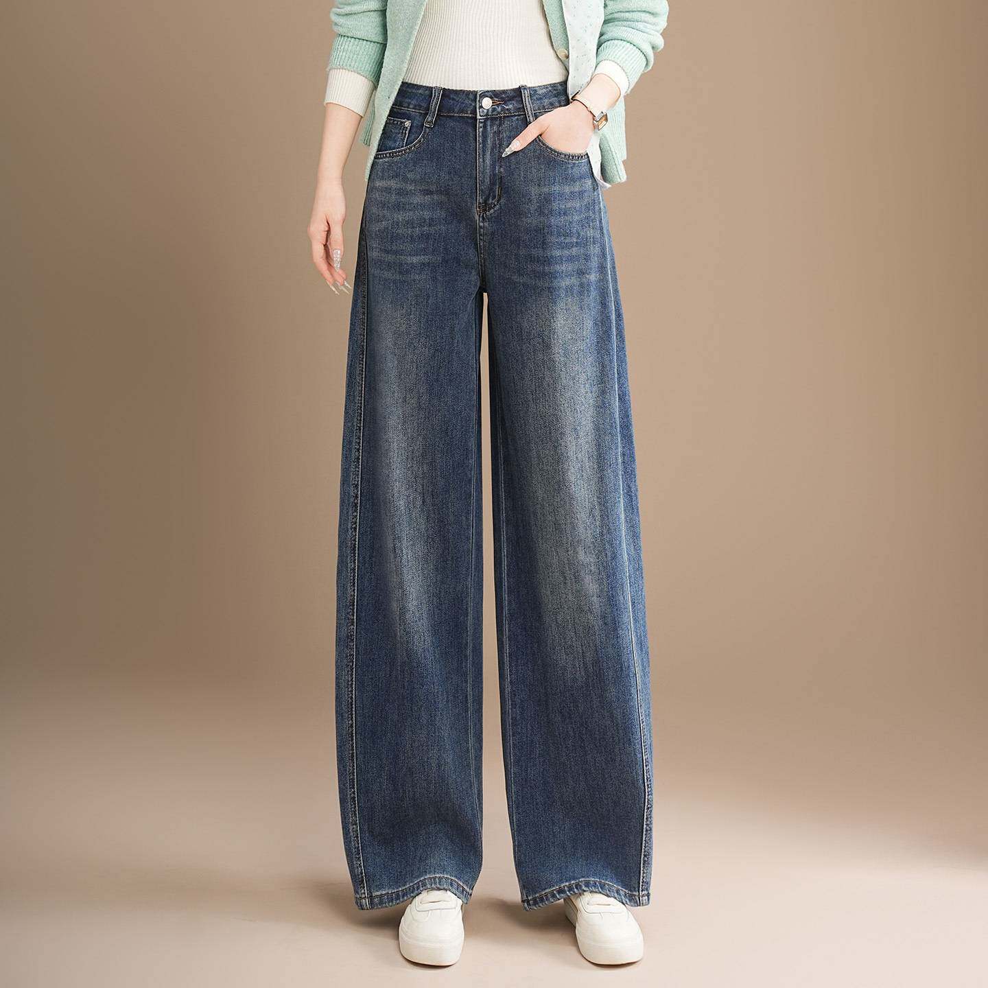官方正品阔腿弯刀牛仔裤女2026春季流行新款高腰宽松遮腿粗直筒显