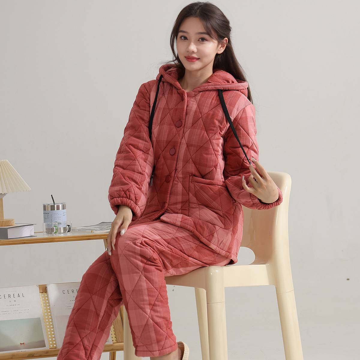 官方正品冬季夹棉睡衣女开衫翻领连帽三层加绒加厚可外穿女士棉袄