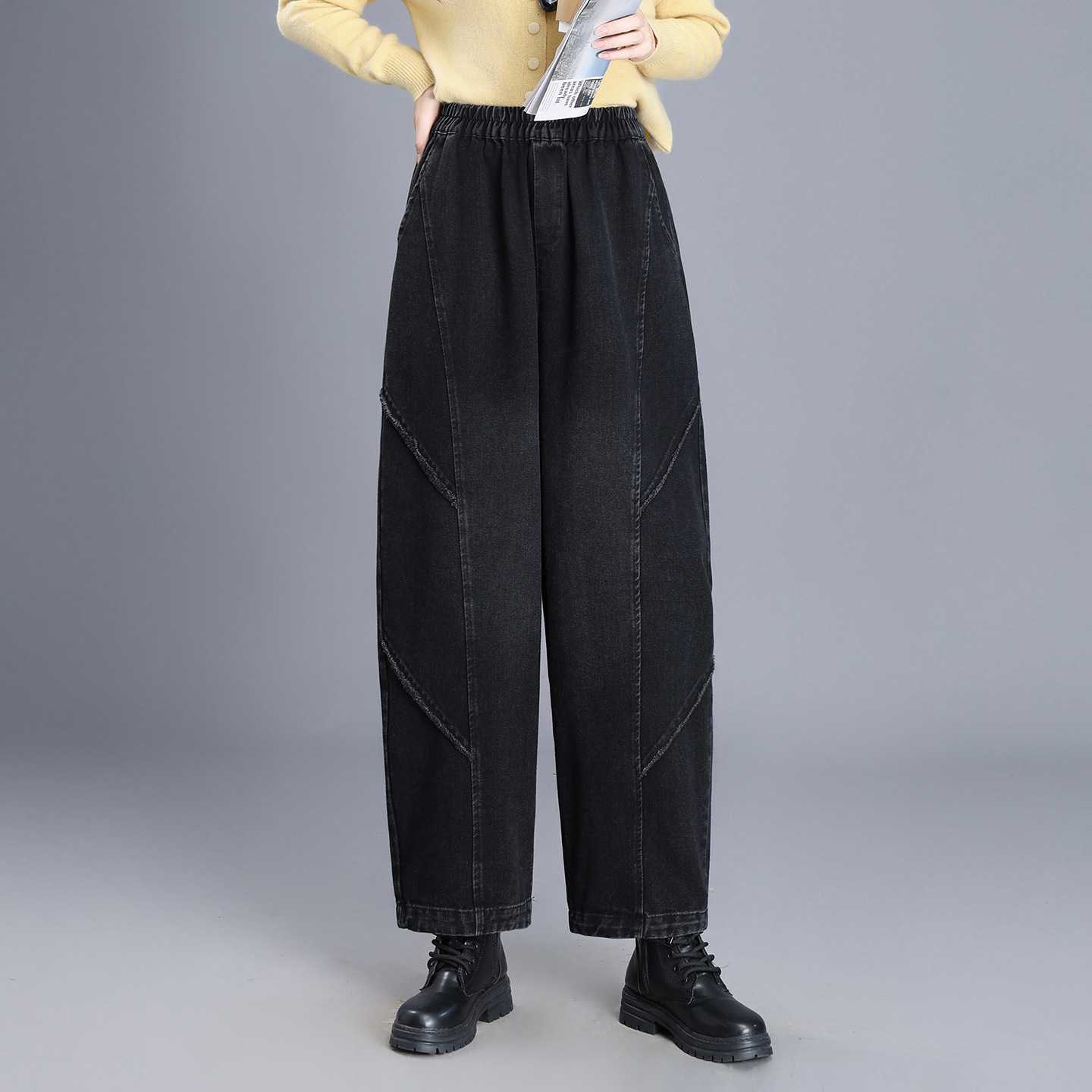 官方正品时尚拼接牛仔哈伦裤直筒裤女2026秋冬新款宽松阔腿复古做