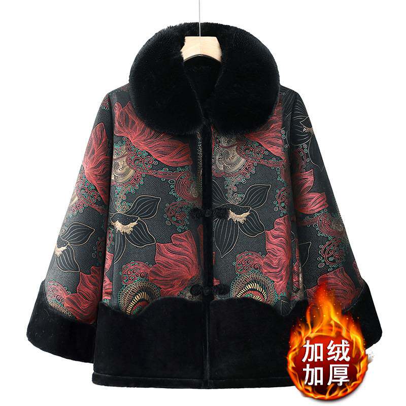 官方正品中老年人印花国风外套2026新款冬装加绒加厚棉服老太太新