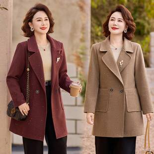 官方正品中年妈妈春装中长款毛呢外套中老年女装春秋高贵气质时尚