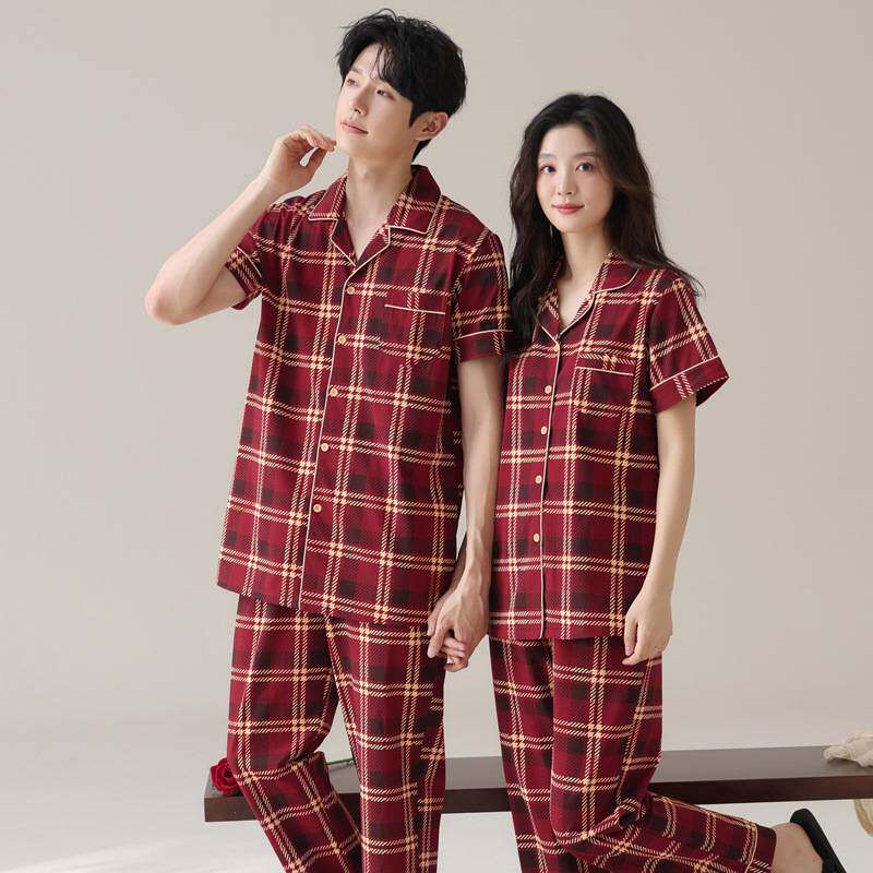 官方正品情侣睡衣女夏季纯棉短袖长裤新娘套装男结婚新婚红色本命
