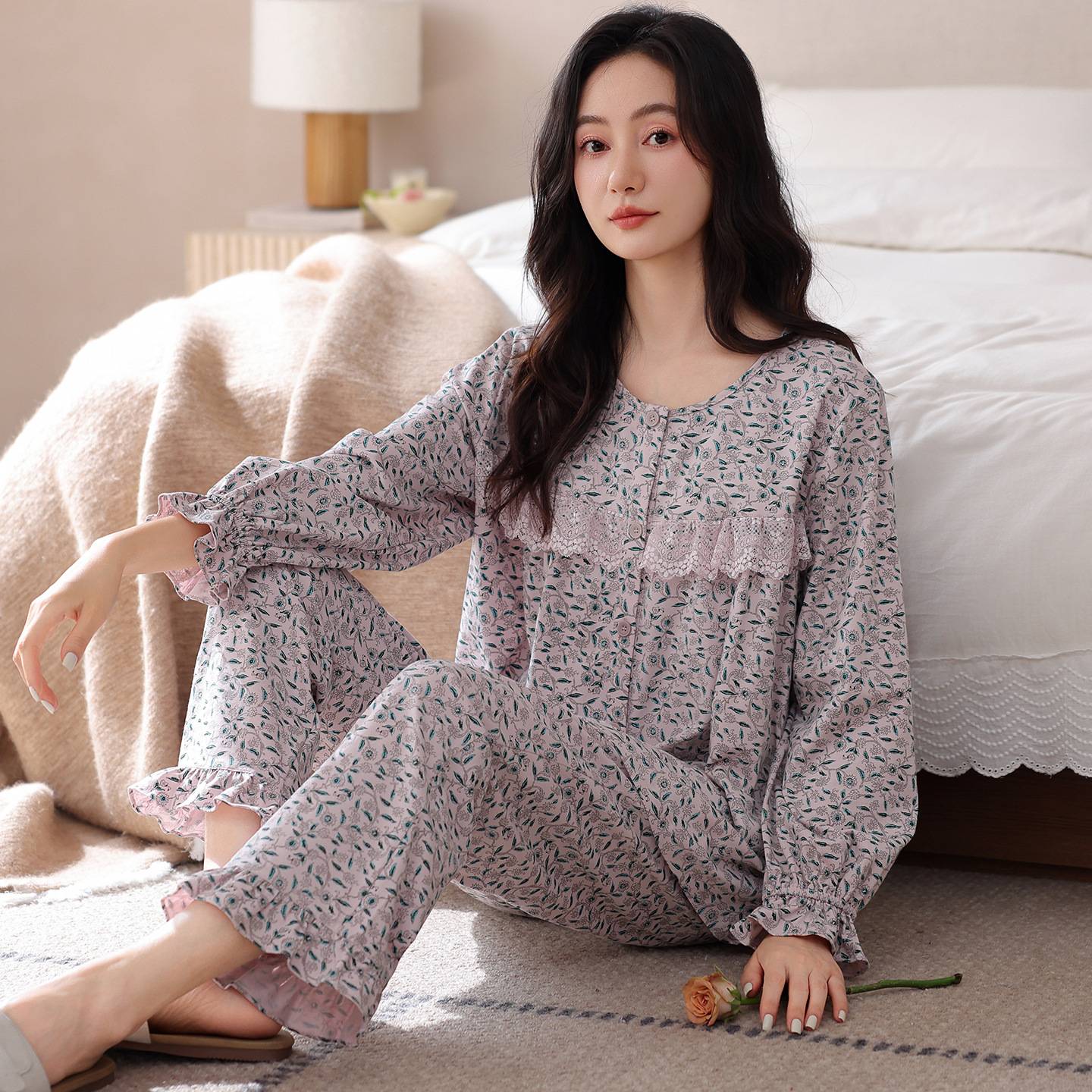 官方正品新款春秋款纯棉女睡衣长袖长裤甜美宽松休闲秋季女士家居