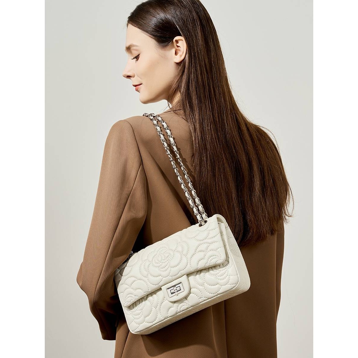 官方正品小香风山茶花头层高山羊皮真皮菱格女包质感洋气链条包单