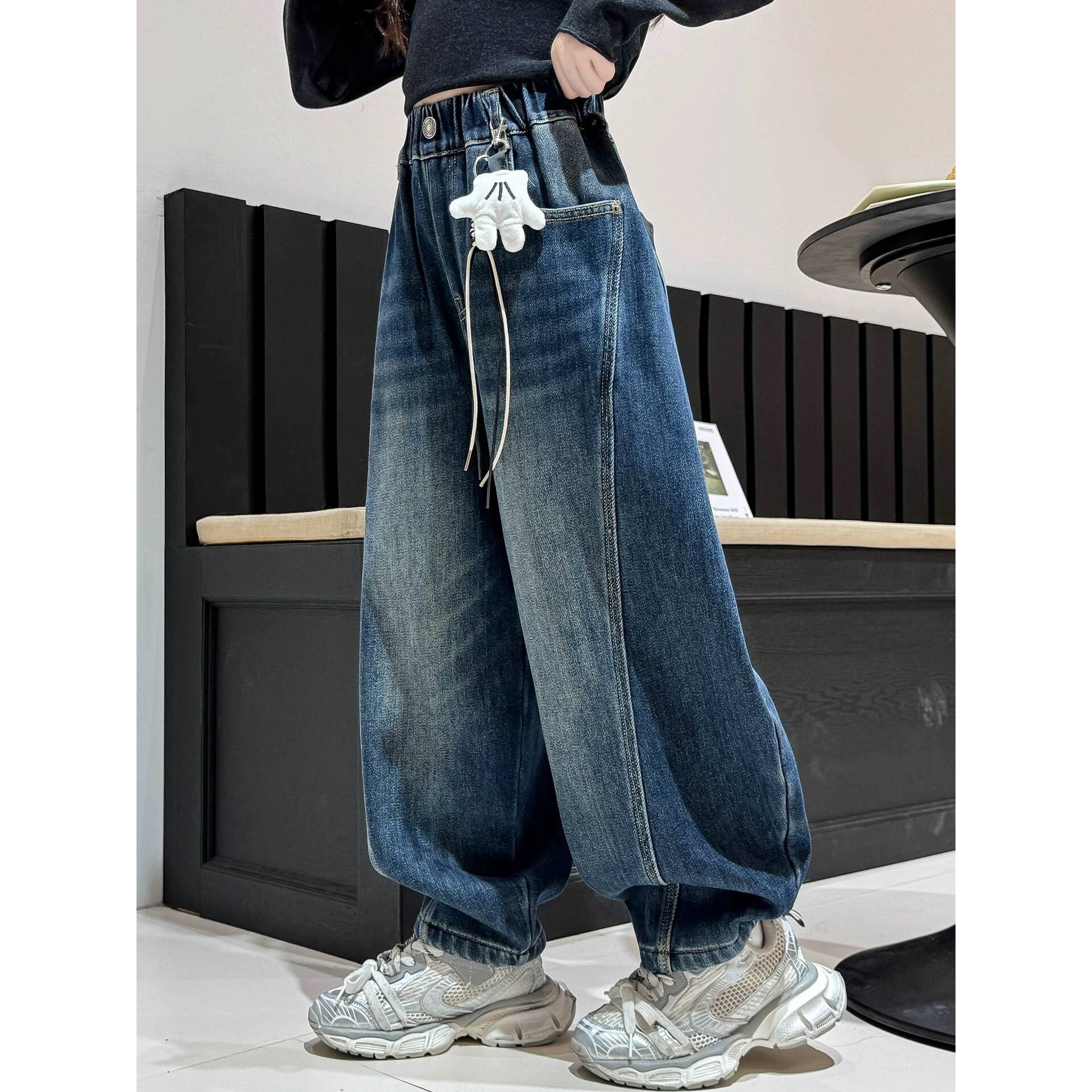 官方正品女童牛仔裤秋冬2025新款女孩时髦加绒裤子儿童大童冬季加