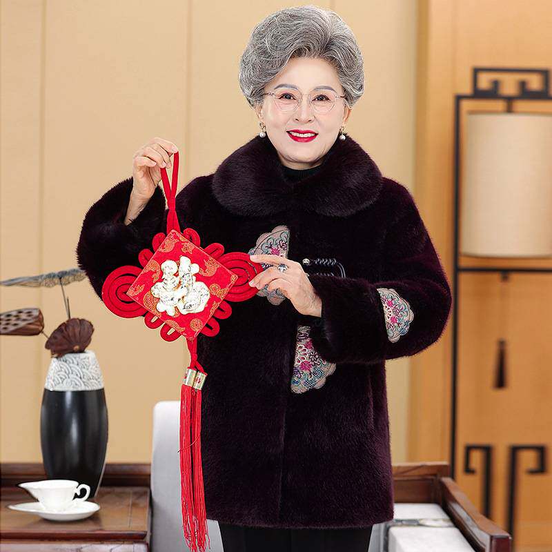 官方正品奶奶冬装仿水貂绒大衣加绒加厚中老年人女妈妈装洋气棉服