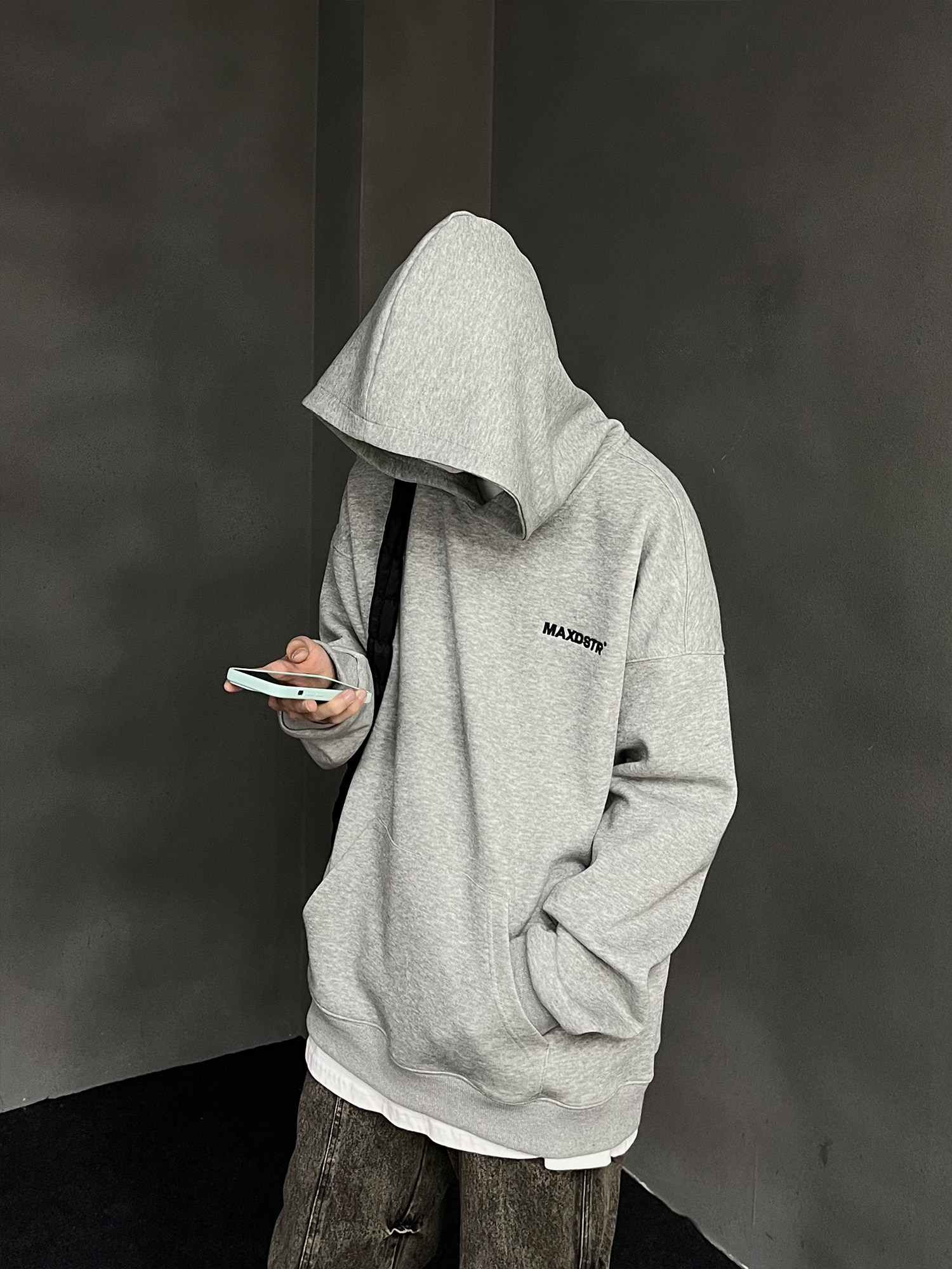 MAXDSTR 미국 오리지널 편지 자수 후드 티셔츠 남성용 솔리드 컬러 하이 엔드 트렌디 브랜드 커플 까마귀 자켓