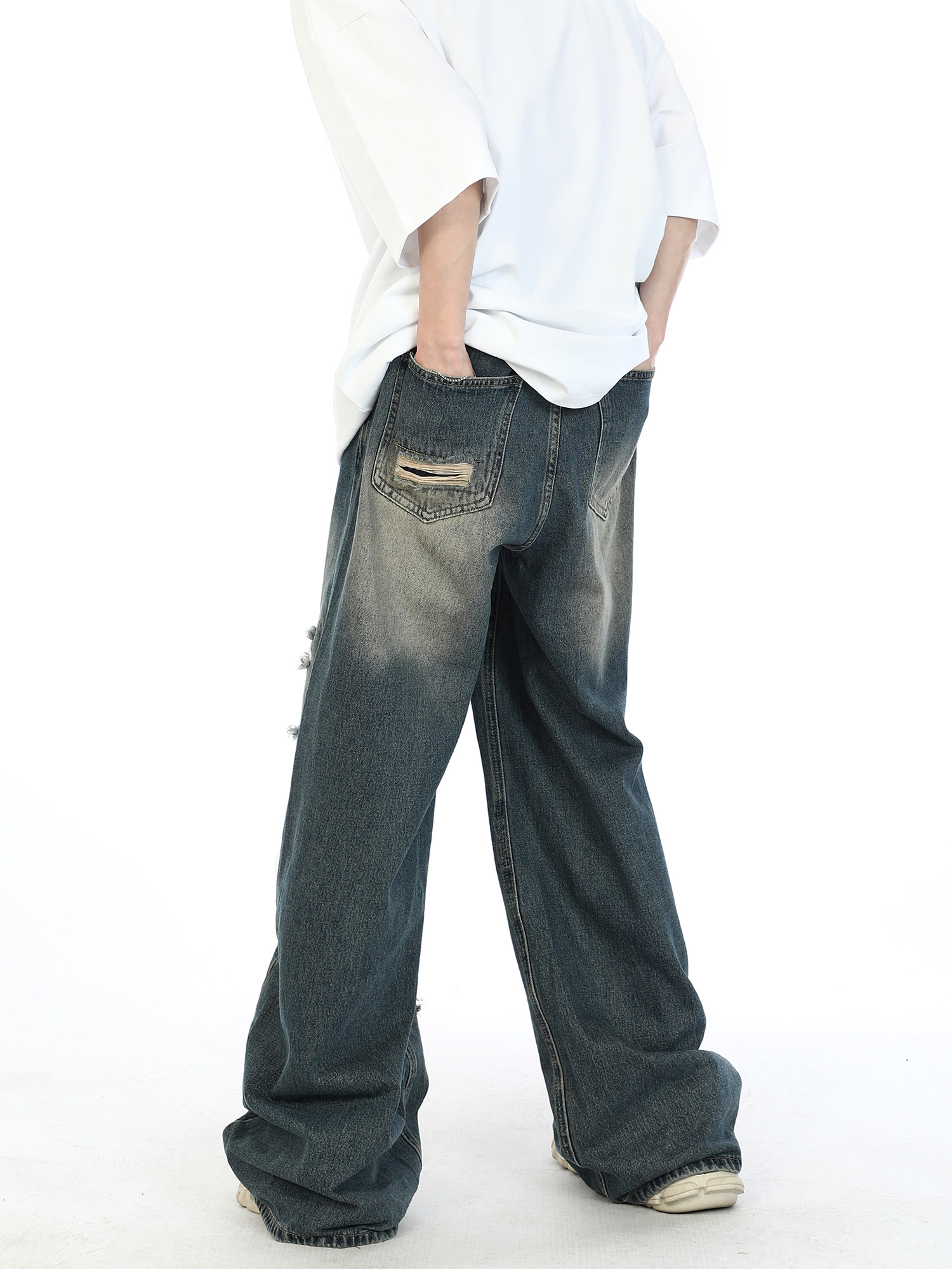 MAXDSTR AMERICAN RETRO FAKE HOLE SPLICING JEANS MENS LOOSE WIDE-LEG MOPPING STRAIGHT-LEG TROUSERS