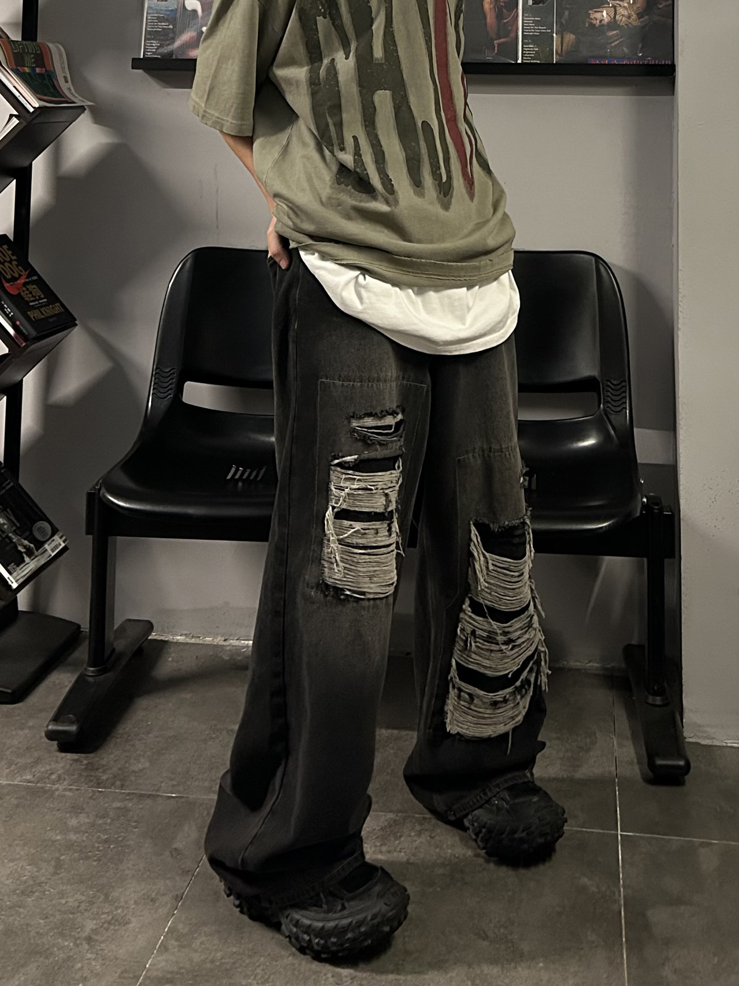 MAXDSTR AMERICAN RETRO FAKE HOLE SPLICING JEANS MENS LOOSE WIDE-LEG MOPPING STRAIGHT-LEG TROUSERS