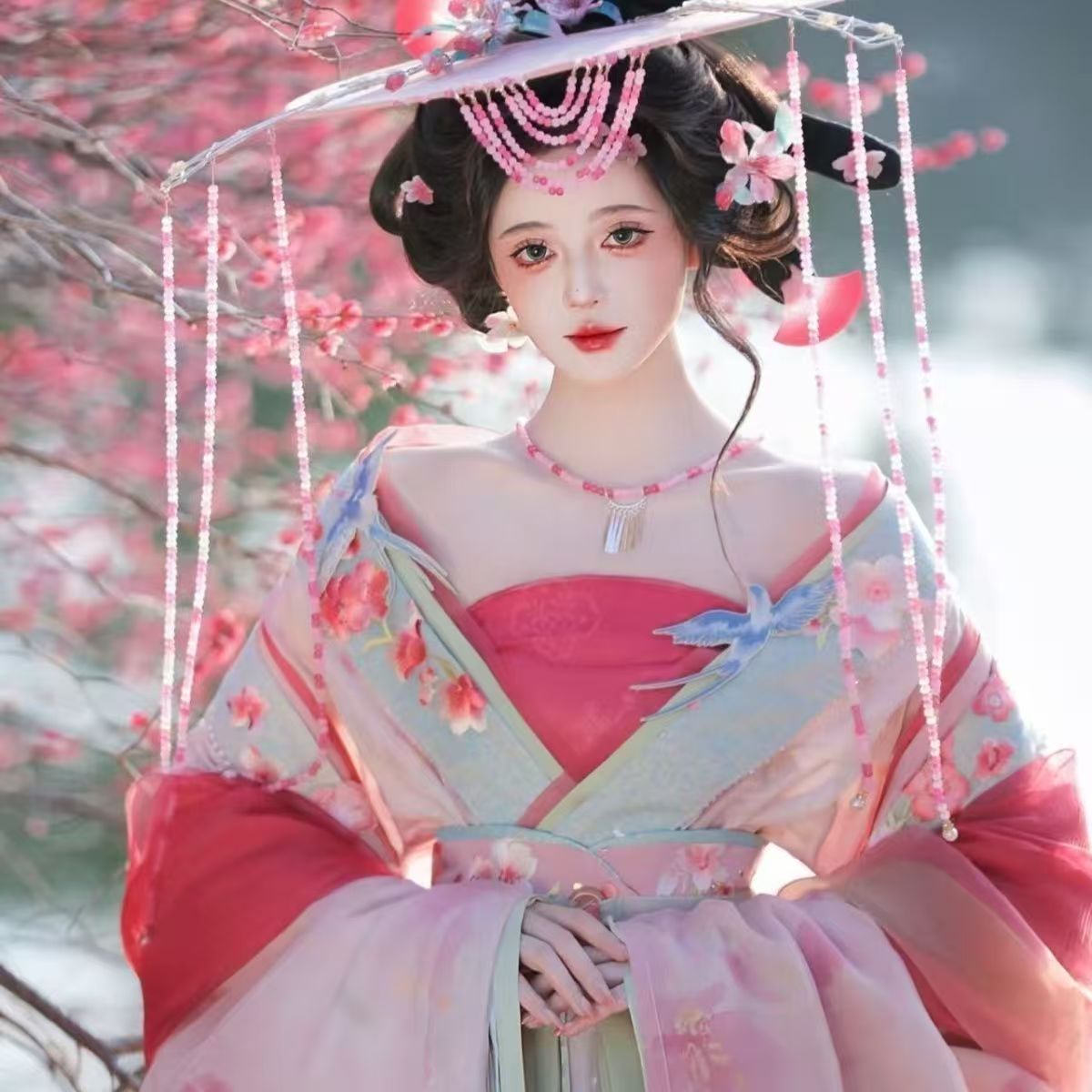 古风汉服套装女春夏粉色花卉印花齐胸襦裙超仙仙气飘逸古装