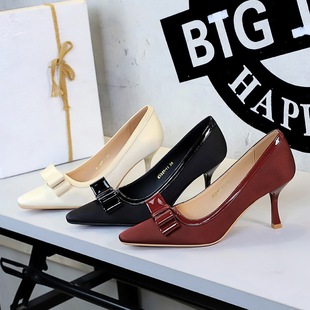 酒杯跟7cm 单鞋 BIGTREE蝴蝶结拼接绸缎高跟鞋 百搭细跟法式