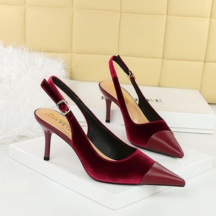 女鞋 9cm 浅口绒面尖头后绊带淑女时尚 BIGTREE西施绒拼接高跟鞋