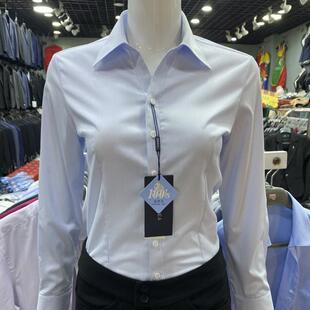 V领蓝色条纹衬衫女长袖职业装物业农商银行信用社面试弹力女衬衣