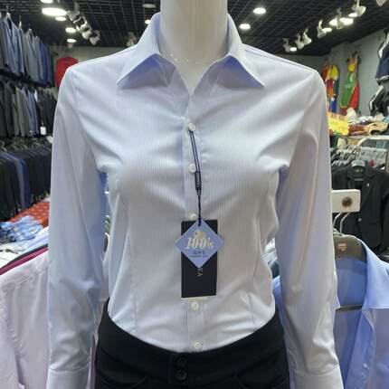V领蓝色条纹衬衫女长袖职业装物业农商银行信用社面试弹力女衬衣