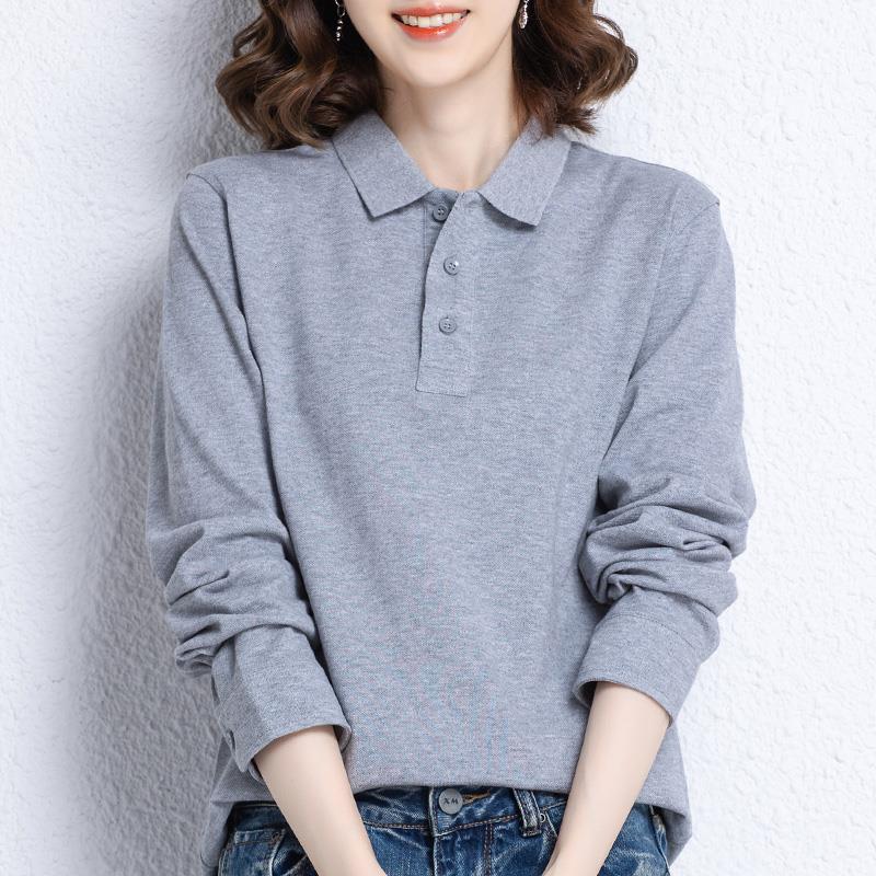 纯棉长袖t恤女2024春秋宽松翻领运动上衣polo衫定制印logo工作服