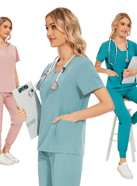 加大尺码男女同款速干薄款短袖长裤V领纯色医院医生护士洗手衣