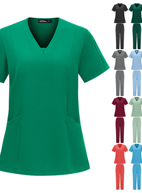 速卖通新品破损包赔双口袋上衣吸汗排热V字领短袖墨绿医院手术服