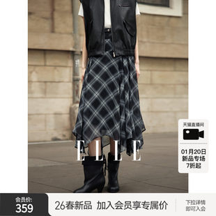 垂感不规则高级感a字裙子 新款 ELLE法式 格纹雪纺半身裙女2026春季
