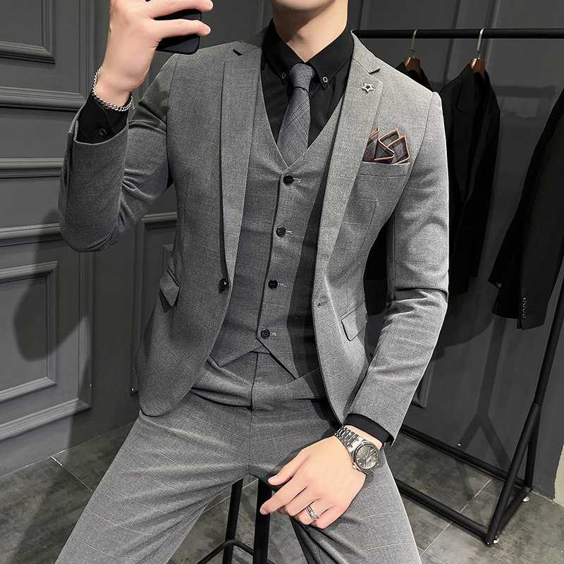 PLAID SUIT SUIT MENS SLIM KOREAN VERSION OF THE TREND SUIT RUFFIAN HANDSOME WEDDING GROOM DRESS BUSINESS FORMAL WEAR