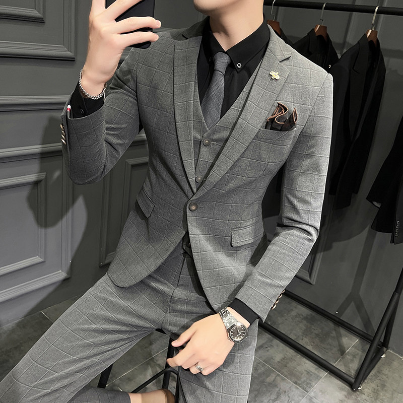 PLAID SUIT MENS SUIT KOREAN VERSION TRENDY HANDSOME LITTLE SUIT WEDDING GROOMS DRESS BRITISH STYLE SLIM AND HANDSOME