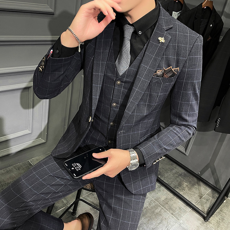 PLAID SUIT MENS SUIT KOREAN VERSION TRENDY HANDSOME LITTLE SUIT WEDDING GROOMS DRESS BRITISH STYLE SLIM AND HANDSOME
