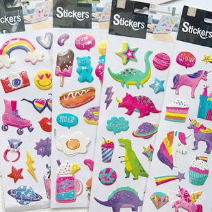 stickers可爱卡通立体泡棉贴纸城堡独角兽热狗恐龙香水家居装 饰贴
