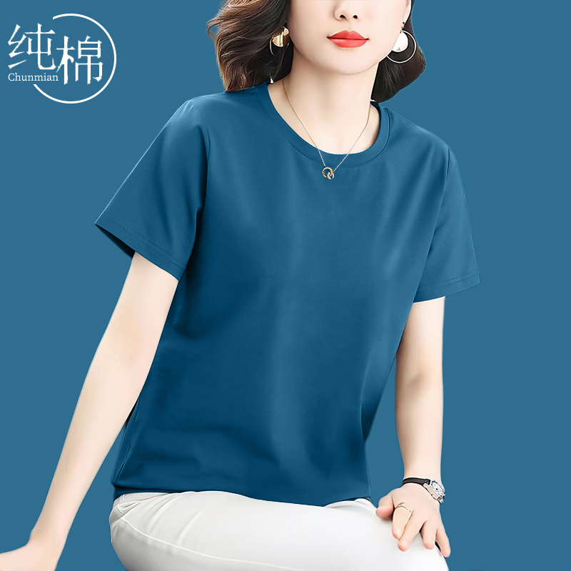 2025夏季小众纯棉t恤女新款宽松大码胖mm女装短袖圆领t恤纯色上衣