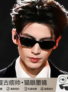 男生窄框复古猫眼墨镜男高级痞帅