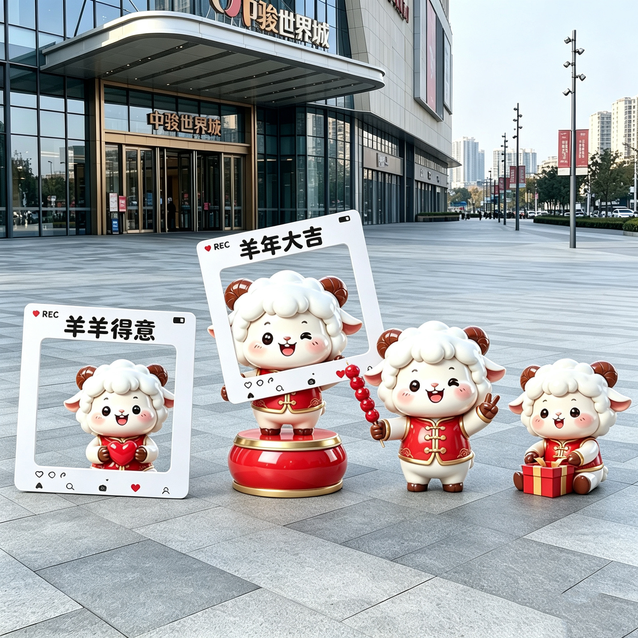2027新年卡通羊吉祥物玻璃钢绵羊雕塑商场相框打卡春节装饰品摆件