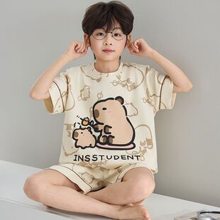 男童睡衣2026新款夏季薄款卡皮巴拉纯棉短袖中大儿童家居服小男孩