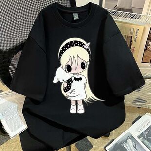 2026新款野有上秋治愈插画卡通衣服夏季女孩ins少女纯棉短袖t恤衫