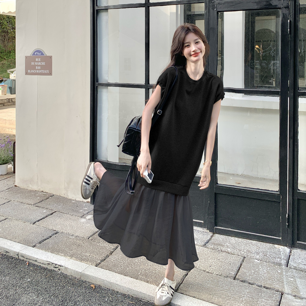 深灰色网纱连衣裙女2025夏季新款法式纯色宽松显瘦鱼尾拼接长裙子,女装连衣裙,浙宝131