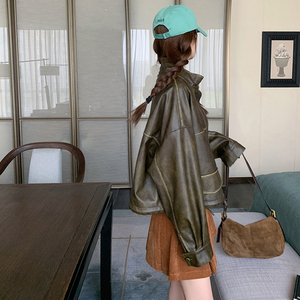 高级小众复古美拉德咖色皮衣外套女春秋超火好看炸街短款夹克上衣