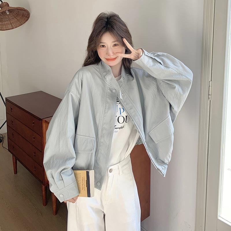 韩系蓝色立领2025超火减龄外套女春季新款高级感别致休闲夹克上衣,女装短外套,浙宝131