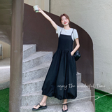 黑色吊带连衣裙套装女2025年夏季新款简单大方T恤花苞长裙两件套，女装套装/套裙，象礼