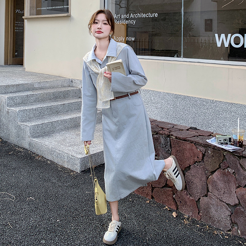 蓝色披肩连衣裙女2025春季新款法式超好看减龄收腰显瘦长袖衬衫裙,女装连衣裙,浙宝131