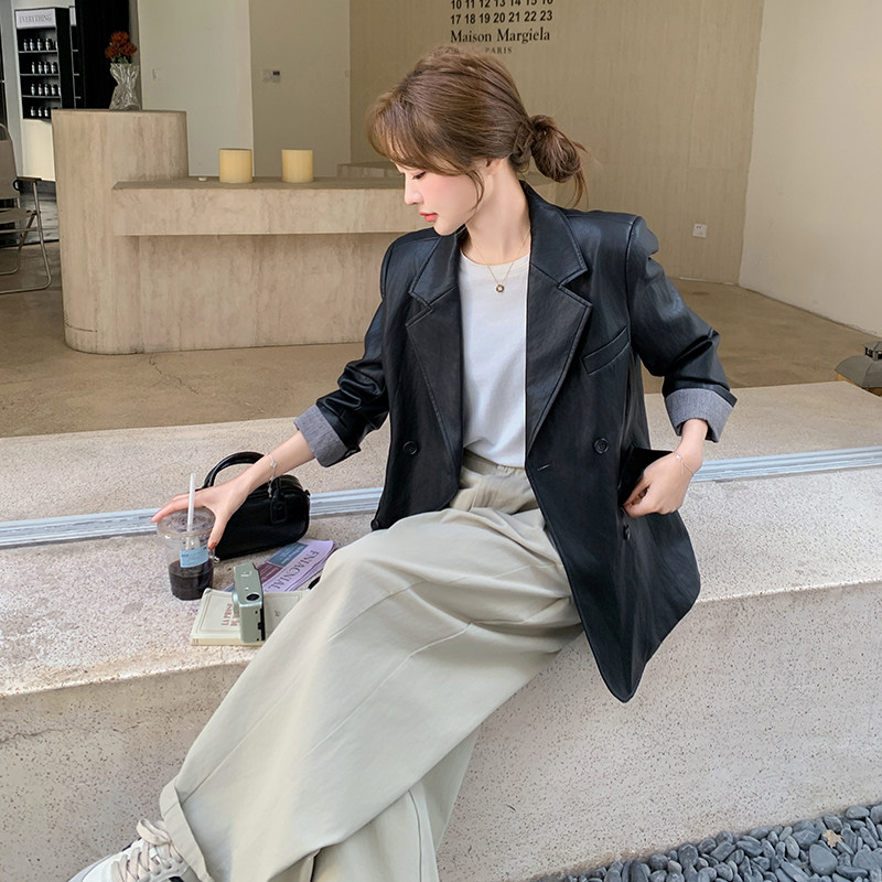 高级感黑色皮衣西装外套女春季2025新款韩版酷飒风炸街气质小西服,女装西装,浙宝131