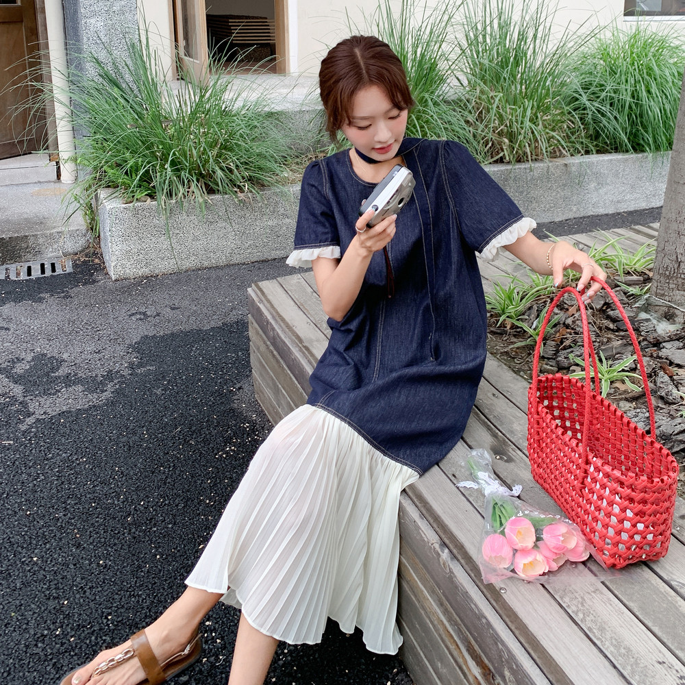 【新款现货】牛仔拼接连衣裙送腰带131-7275P145K218,女装连衣裙,浙宝131