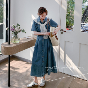 港风复古披肩牛仔连衣裙女2025夏季新款气质高级感收腰显瘦衬衫裙图片
