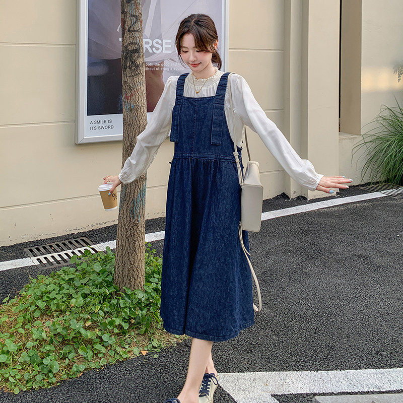 韩系复古蓝色背带裙套装女春秋2025新款百搭衬衫盐甜系牛仔连衣裙,女装连衣裙,浙宝131