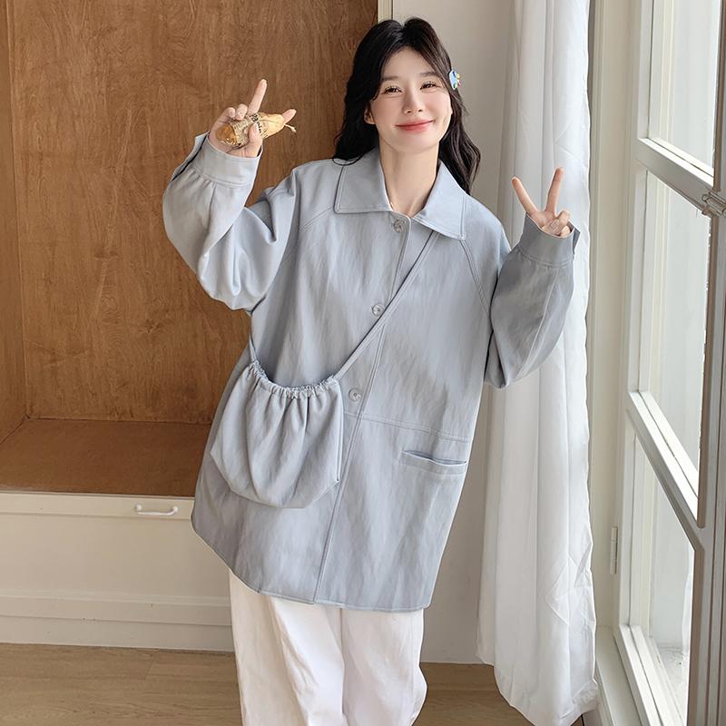 蓝色PU皮衣外套女2025春季新款韩系高级感小个子宽松百搭翻领夹克,女装短外套,浙宝131