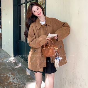 美式复古棕色麂皮绒外套女秋冬2024新款酷飒风高级感休闲工装夹克图片