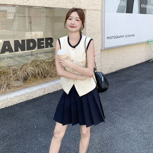 小香风无袖马甲半身裙套装女夏百褶裙两件套爆款大方得体巨好看图片