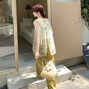 设计感国风薄纱印花背心阔腿裤套装女2025夏季新款时尚气质两件套图片