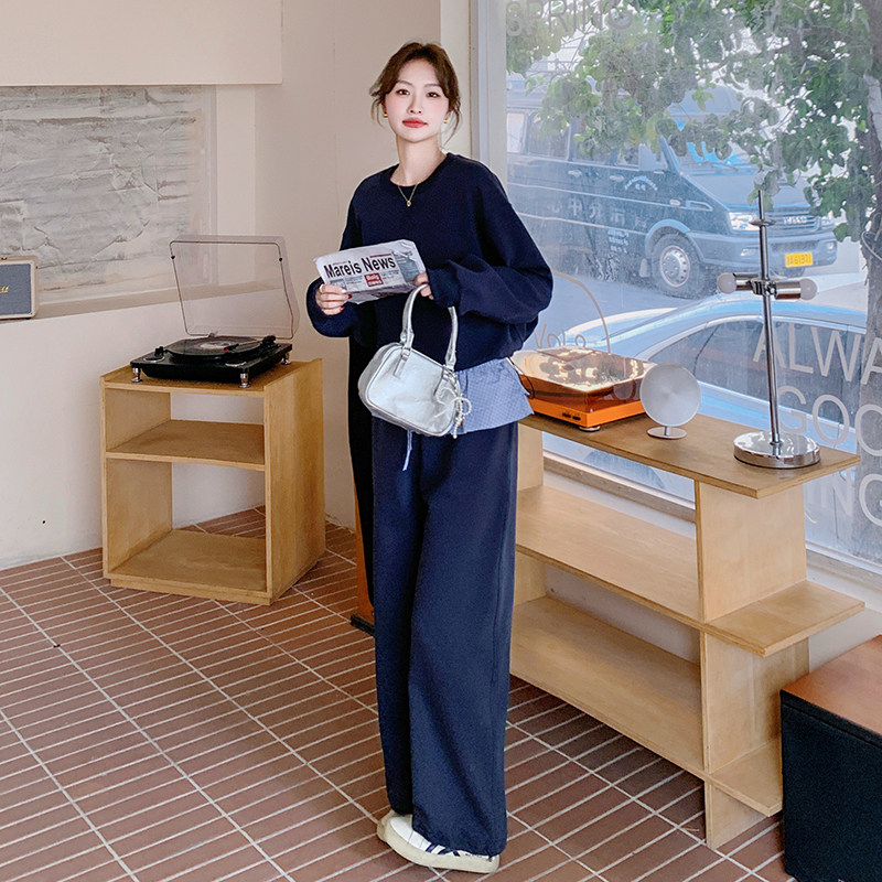 深蓝色超火休闲运动女2025春季新款宽松减龄卫衣阔腿裤,女装运动套装,浙宝131