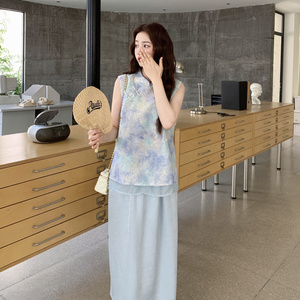 晕染碎花蓝色新中式国风连衣裙套装女夏衬衫两件套巨好看超火流行图片