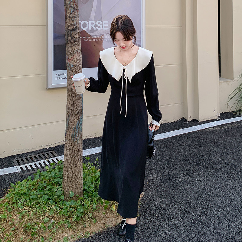 法式赫本风黑色长袖连衣裙女初秋2025新款气质高级感绝美收腰长裙,女装连衣裙,浙宝131