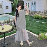 灰色网纱拼接卫衣连衣裙女2025夏季新款韩系慵懒风宽松小个子长裙，女装连衣裙，象礼