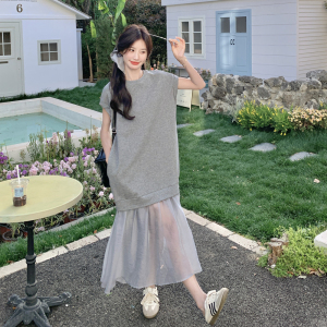 深灰色网纱连衣裙女2025夏季新款法式纯色宽松显瘦鱼尾拼接长裙子图片